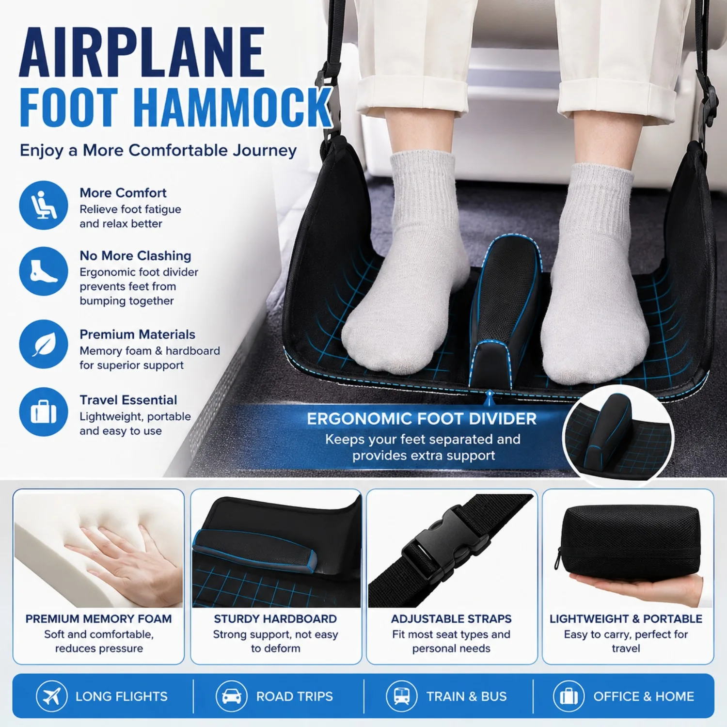 Large Airplane Foot Hammock Removable Foot Divider Premium Comfortable Memory Foam Hardboard No Feet Clashing Travel Foot Rest
Large Airplane Foot Hammock Removable Foot Divider Premium Comfortable Memory Foam Hardboard No Feet Clashing Travel Foot Rest