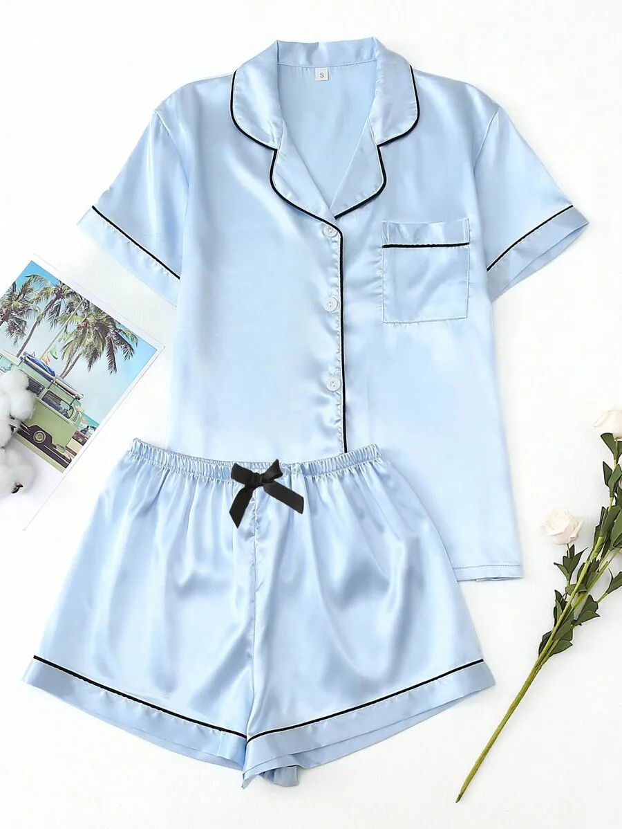 Women Satin Pajama Set Short Sleeve Lapel Top Bowknot Shorts Sleepwear Loungewear
Women Satin Pajama Set Short Sleeve Lapel Top Bowknot Shorts Sleepwear Loungewear