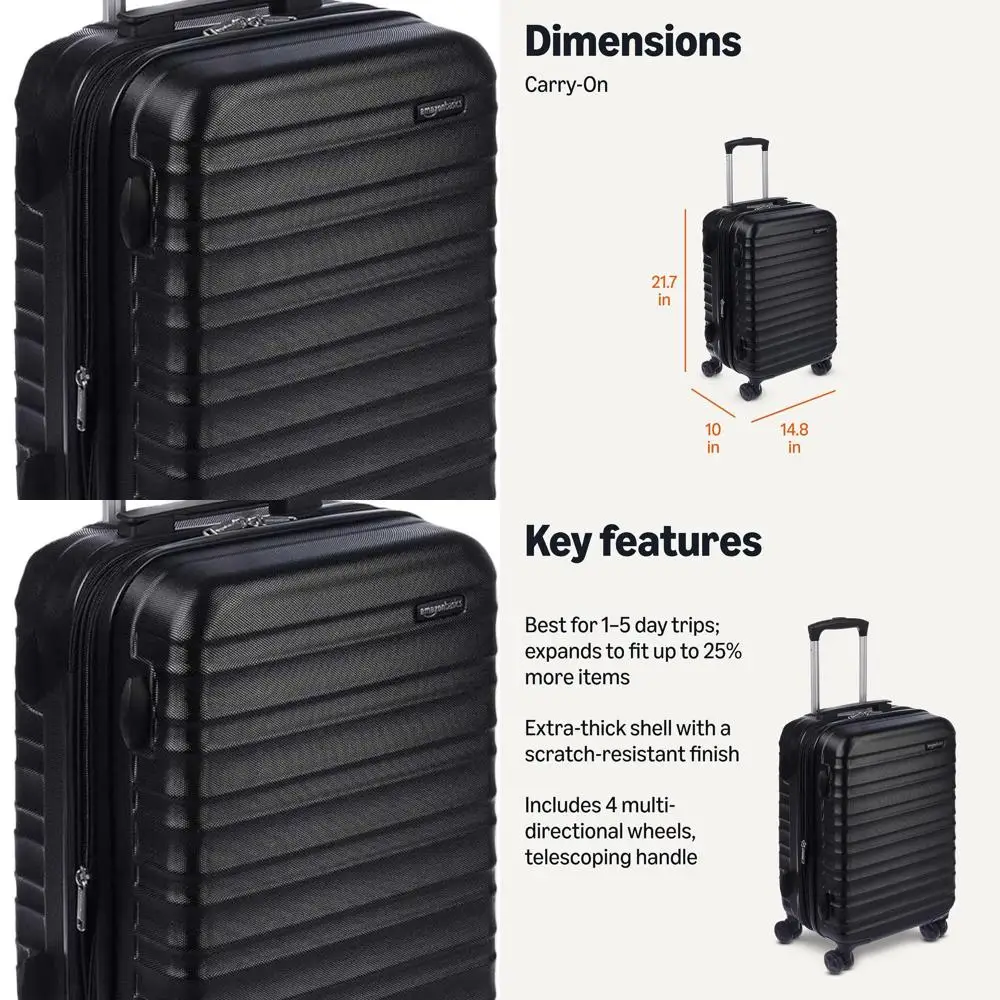 Expandable 21 Black Hardshell Carry-On Suitcase with 4 Wheels for 25% Extra Space and Scratch-Resistant Finish
Expandable 21 Black Hardshell Carry-On Suitcase with 4 Wheels for 25% Extra Space and Scratch-Resistant Finish