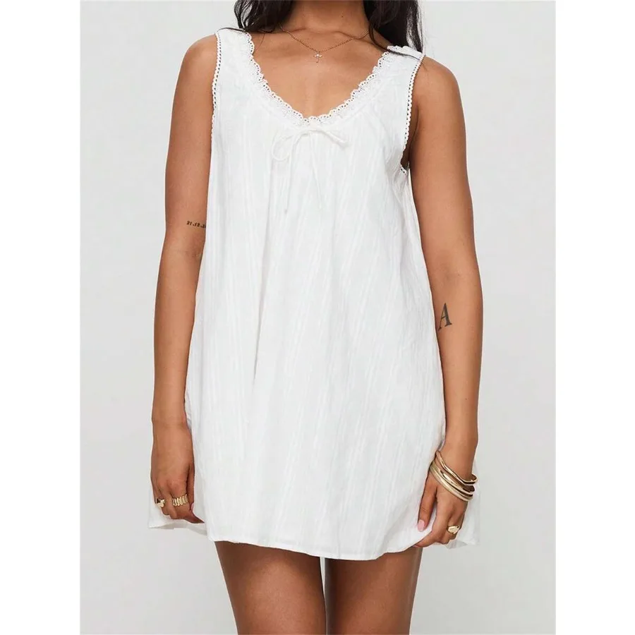 【New Arrival】White Eyelet Trim Mini Dress, V-Neck Sleeveless Tie Front Casual Shift Sundress for Women
【New Arrival】White Eyelet Trim Mini Dress, V-Neck Sleeveless Tie Front Casual Shift Sundress for Women