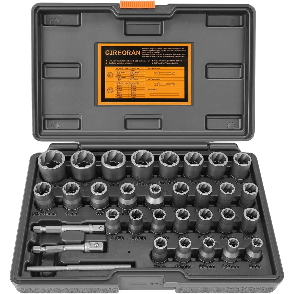 32-Piece Bolt Extractor Socket Set with Adapters for Removing Damaged Rusted Bolts and Nuts