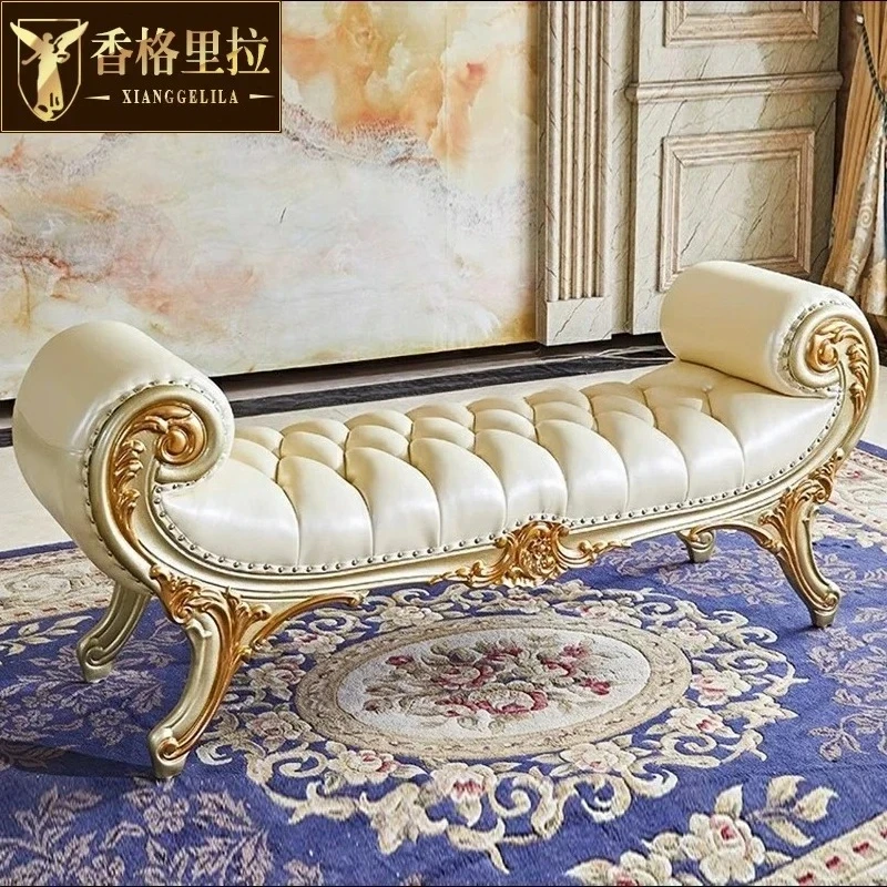 A44 European bedroom champagne gold stool, solid wood, carved luxury American bed 
A44 European bedroom champagne gold stool, solid wood, carved luxury American bed