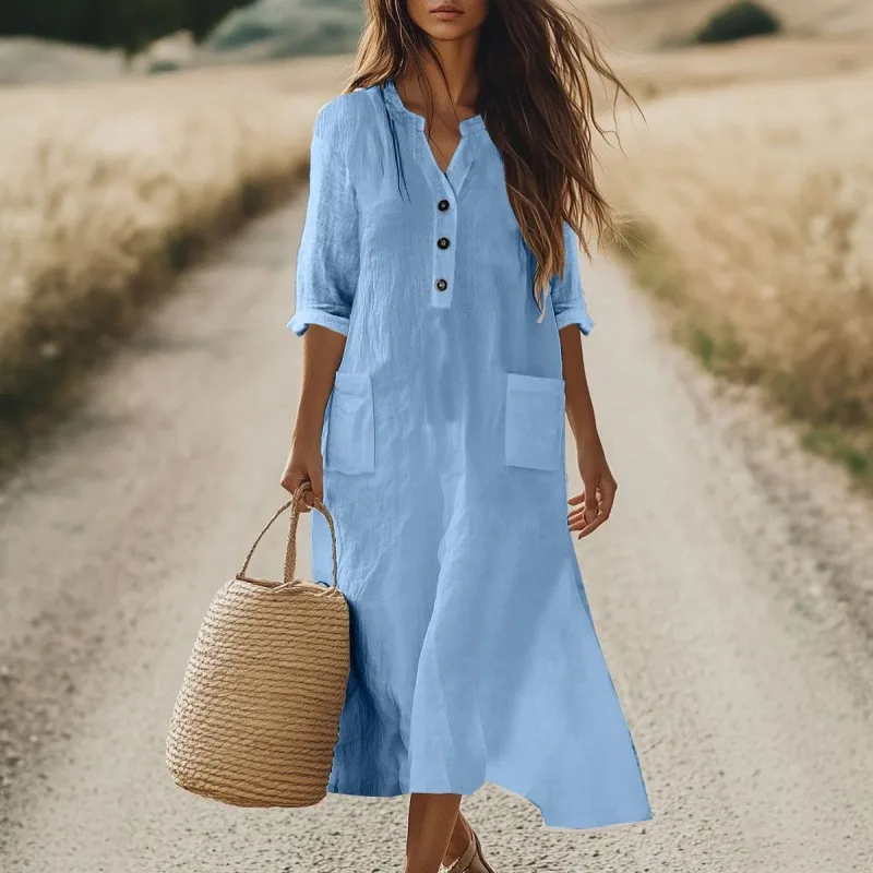 Women Casual Solid Color V-neck Half Sleeve Midi Dress Women Spring Fashion Pocket Loose Beach Holiday Boho Dress Vestidos
Women Casual Solid Color V-neck Half Sleeve Midi Dress Women Spring Fashion Pocket Loose Beach Holiday Boho Dress Vestidos