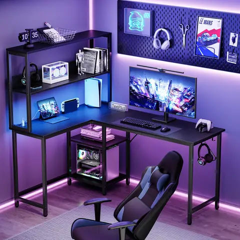 JHK 53 Inch L Shaped Gaming Desk with LED Light Reversible Computer Desk with Adjustable Shelf USB Power Outlet Corner Desk with CPU Stand for Home Office