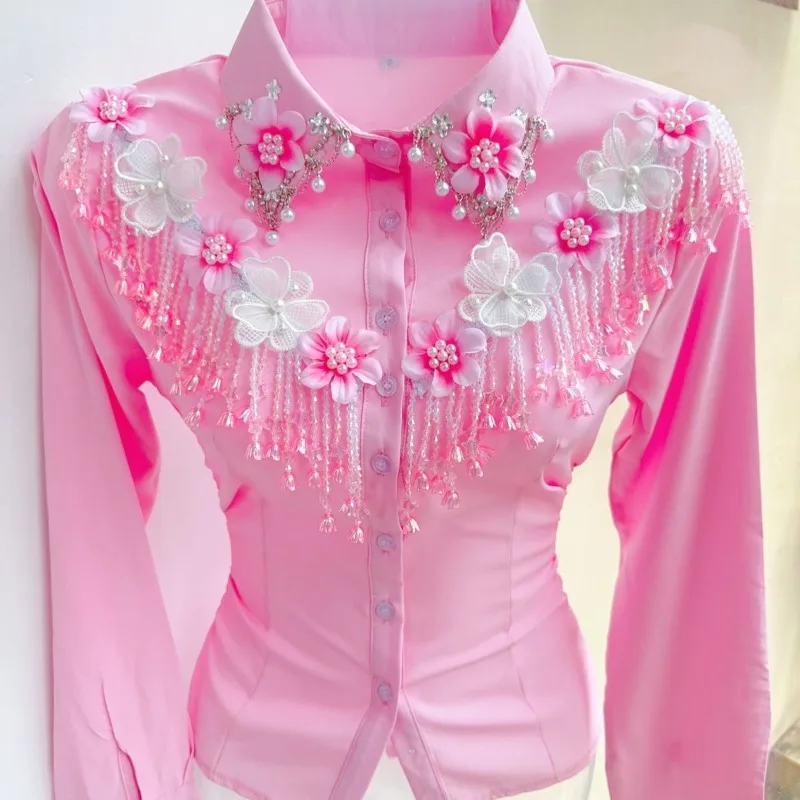 Pearls Beaded Tassels Flowers Embroidered Pink Shirts 3D Floral Fringed Women Single Breasted Turn-down Collar Long Sleeve Tops
Pearls Beaded Tassels Flowers Embroidered Pink Shirts 3D Floral Fringed Women Single Breasted Turn-down Collar Long Sleeve Tops