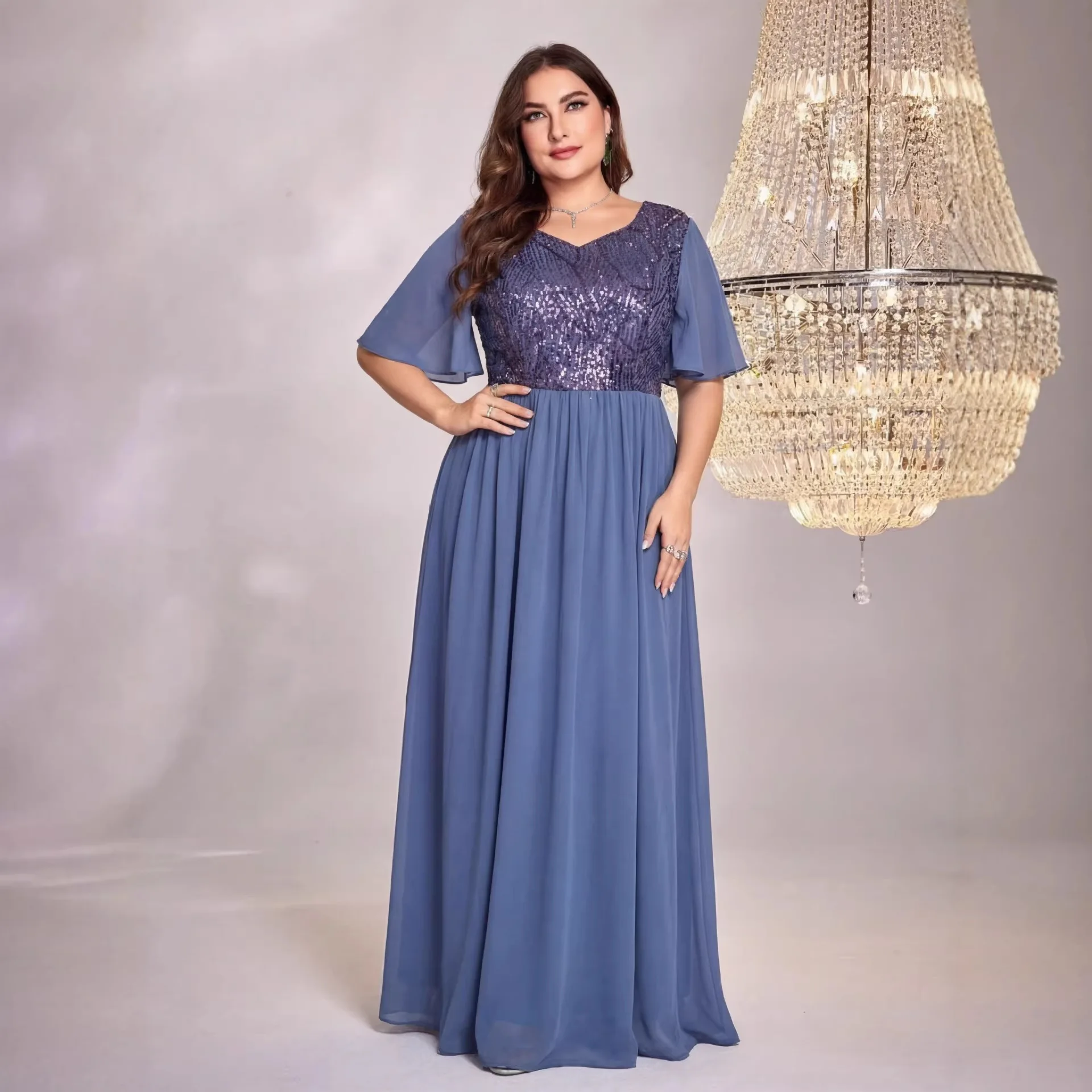 Plus Size Dusty Blue V Neck Flutter Half Sleeve All Over Sequin Chiffon Maxi Dress Empire Waist A Line Mother of Bride Evening
Plus Size Dusty Blue V Neck Flutter Half Sleeve All Over Sequin Chiffon Maxi Dress Empire Waist A Line Mother of Bride Evening