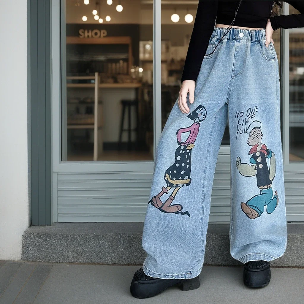Teen Girls Jeans 2025 Spring Autumn Fashion Casual Wide Leg Pants for Kids Blue Cartoon Print Children Straight Denim Trousers
Teen Girls Jeans 2025 Spring Autumn Fashion Casual Wide Leg Pants for Kids Blue Cartoon Print Children Straight Denim Trousers