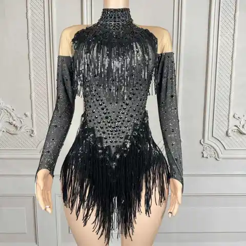 Sparkly Rhinestones Sequins Tassels Bodysuit for Women Sexy Performance Dance Costume Singer Dancer Leotard Show Stage Wear