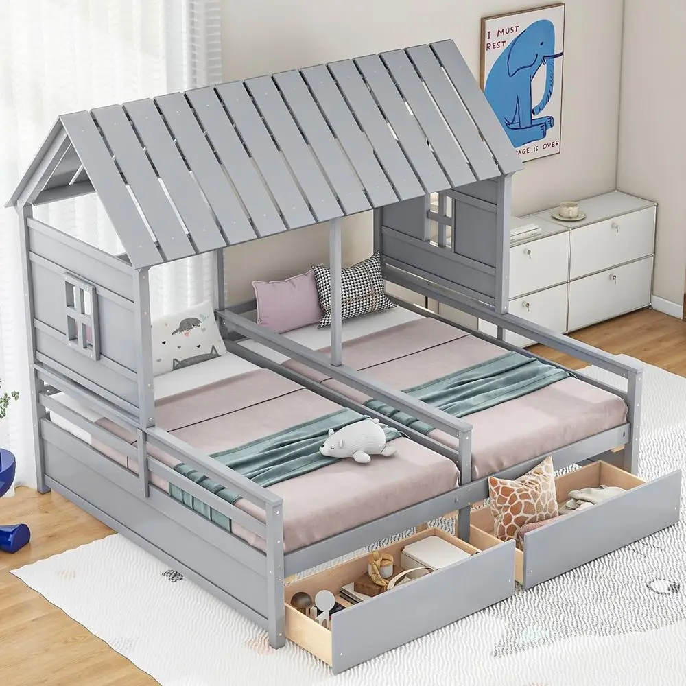 Double Twin Size Wooden Bed with Room and Window, Bedroom Furniture, Decorative Tent (Gray)
Double Twin Size Wooden Bed with Room and Window, Bedroom Furniture, Decorative Tent (Gray)
