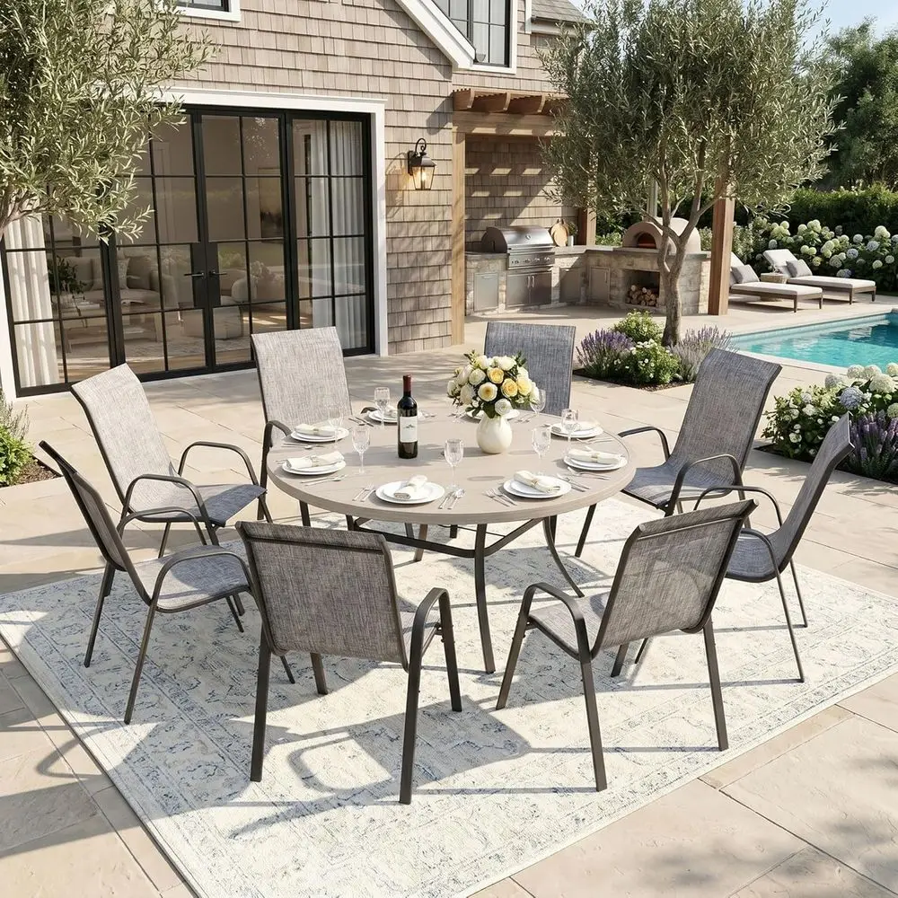9-Piece Weather-Resistant Outdoor Dining Set with Grey Metal Table and Stackable Chairs, Umbrella Hole
9-Piece Weather-Resistant Outdoor Dining Set with Grey Metal Table and Stackable Chairs, Umbrella Hole