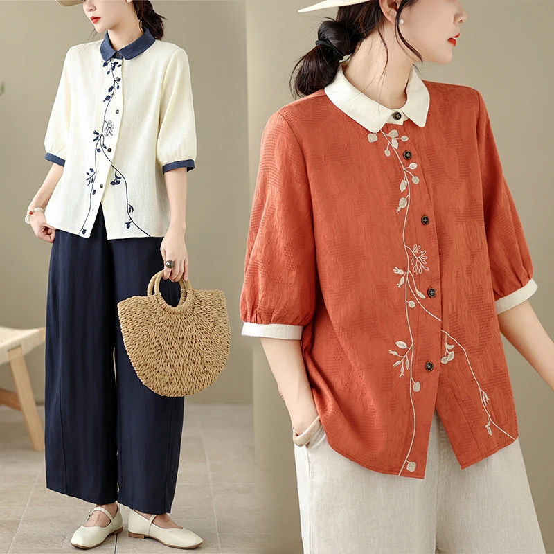 Chinese Style Women's Blouses Vintage Embroidered Shirts Fashion Loose Summer Clothing Short Sleeves Cotton Linen Women Tops
Chinese Style Women's Blouses Vintage Embroidered Shirts Fashion Loose Summer Clothing Short Sleeves Cotton Linen Women Tops