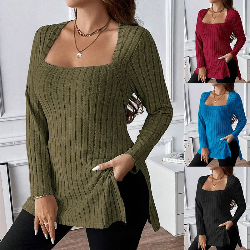 Fashion square neck women's spring and autumn side slit long sleeved casual long top, size reference size chart
Fashion square neck women's spring and autumn side slit long sleeved casual long top, size reference size chart