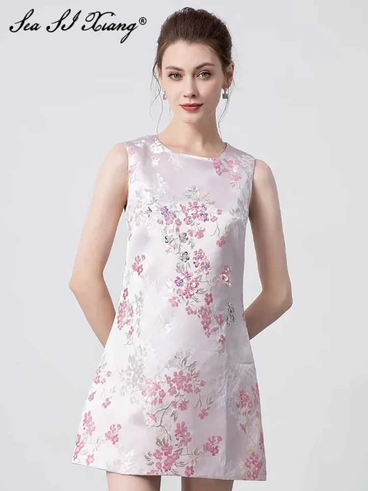 Seasixiang Fashion Designer Summer Tank Dress Women's O-Neck Sleeveless Sequins Vintage Party Jacquard Mini Dresses
Seasixiang Fashion Designer Summer Tank Dress Women's O-Neck Sleeveless Sequins Vintage Party Jacquard Mini Dresses