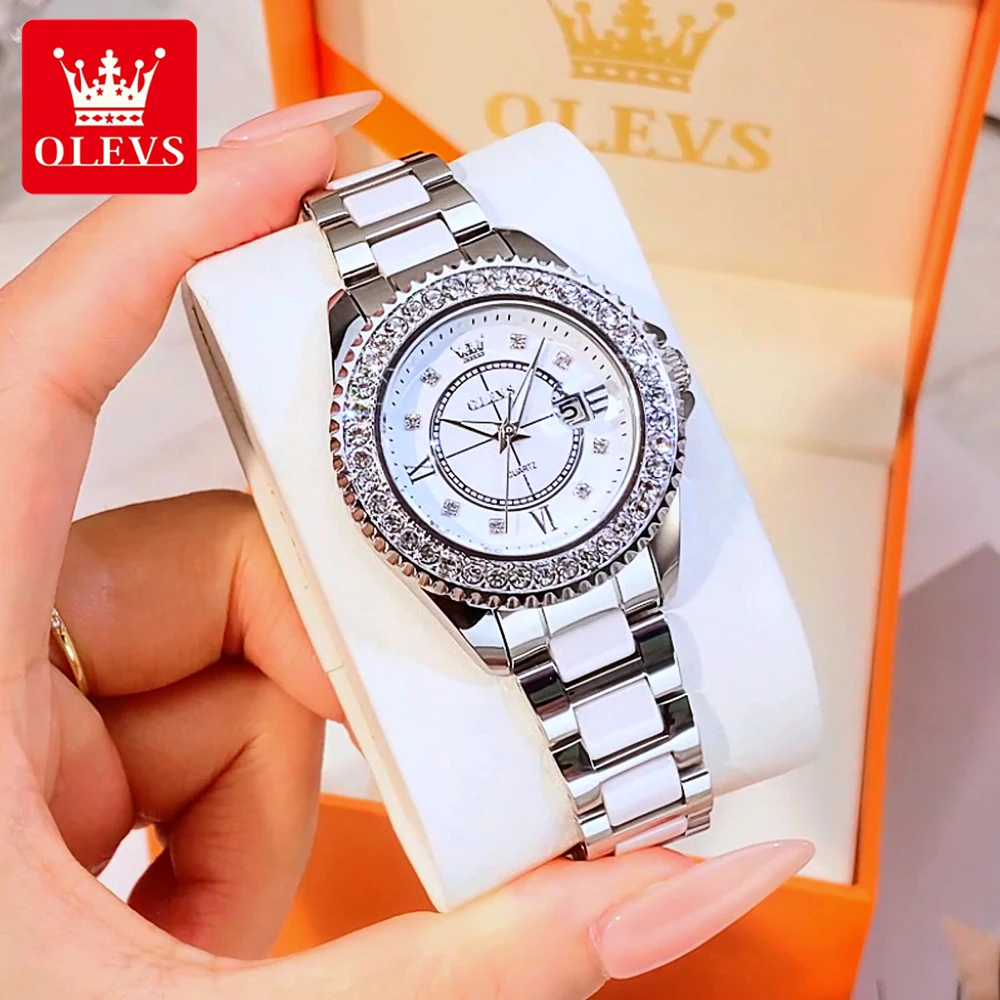 OLEVS женские часы, роскошные модные керамические ремешки, оригинальные брендовые кварцевые наручные часы для женщин, водостойкий светящийся бриллиантовый ободок
OLEVS женские часы, роскошные модные керамические ремешки, оригинальные брендовые кварцевые наручные часы для женщин, водостойкий светящийся бриллиантовый ободок