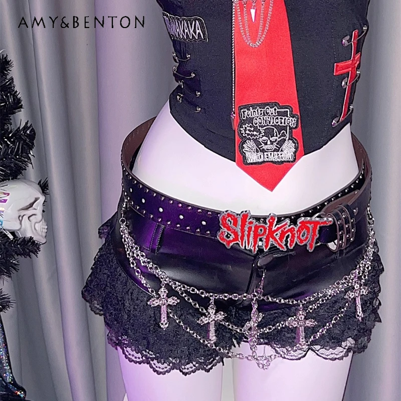 Original Design Black Hot Girl Punk Chain Lace Splicing Women's Clothing Gothic Sweet Cool Sexy PU Leather Rock Shorts Ladies 
Original Design Black Hot Girl Punk Chain Lace Splicing Women's Clothing Gothic Sweet Cool Sexy PU Leather Rock Shorts Ladies