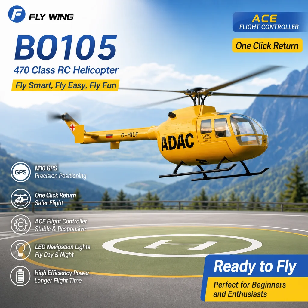 FLYWING BO105 470 Size RC Scale Helicopter Yellow, ACE Flight Controller, LED Light & One-Click Return
FLYWING BO105 470 Size RC Scale Helicopter Yellow, ACE Flight Controller, LED Light & One-Click Return