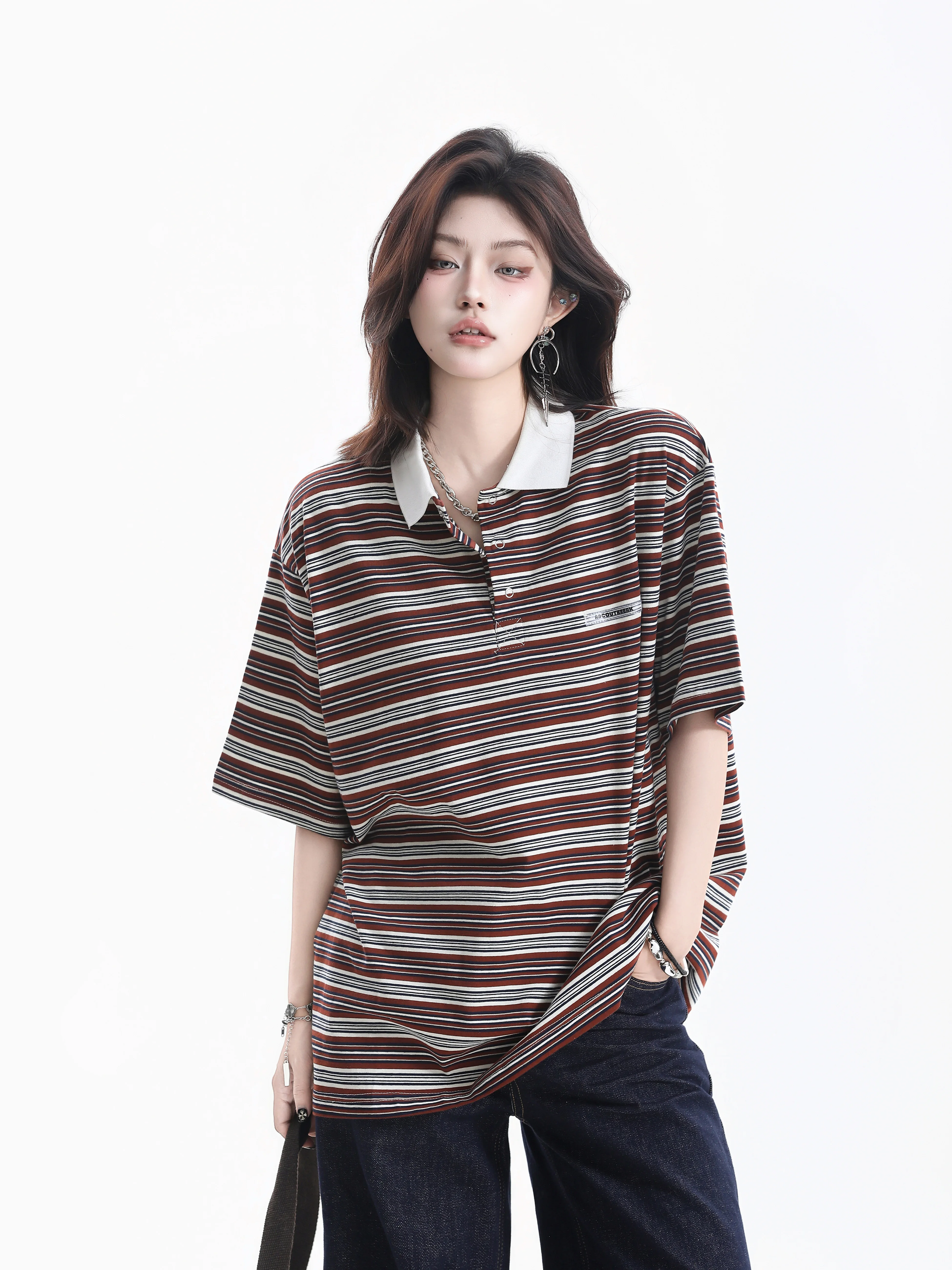 Retro American Striped Shirt Women Oversize Color Block Collar Neutral Short Sleeve Cotton Casual Style Summer T-Shirt
Retro American Striped Shirt Women Oversize Color Block Collar Neutral Short Sleeve Cotton Casual Style Summer T-Shirt