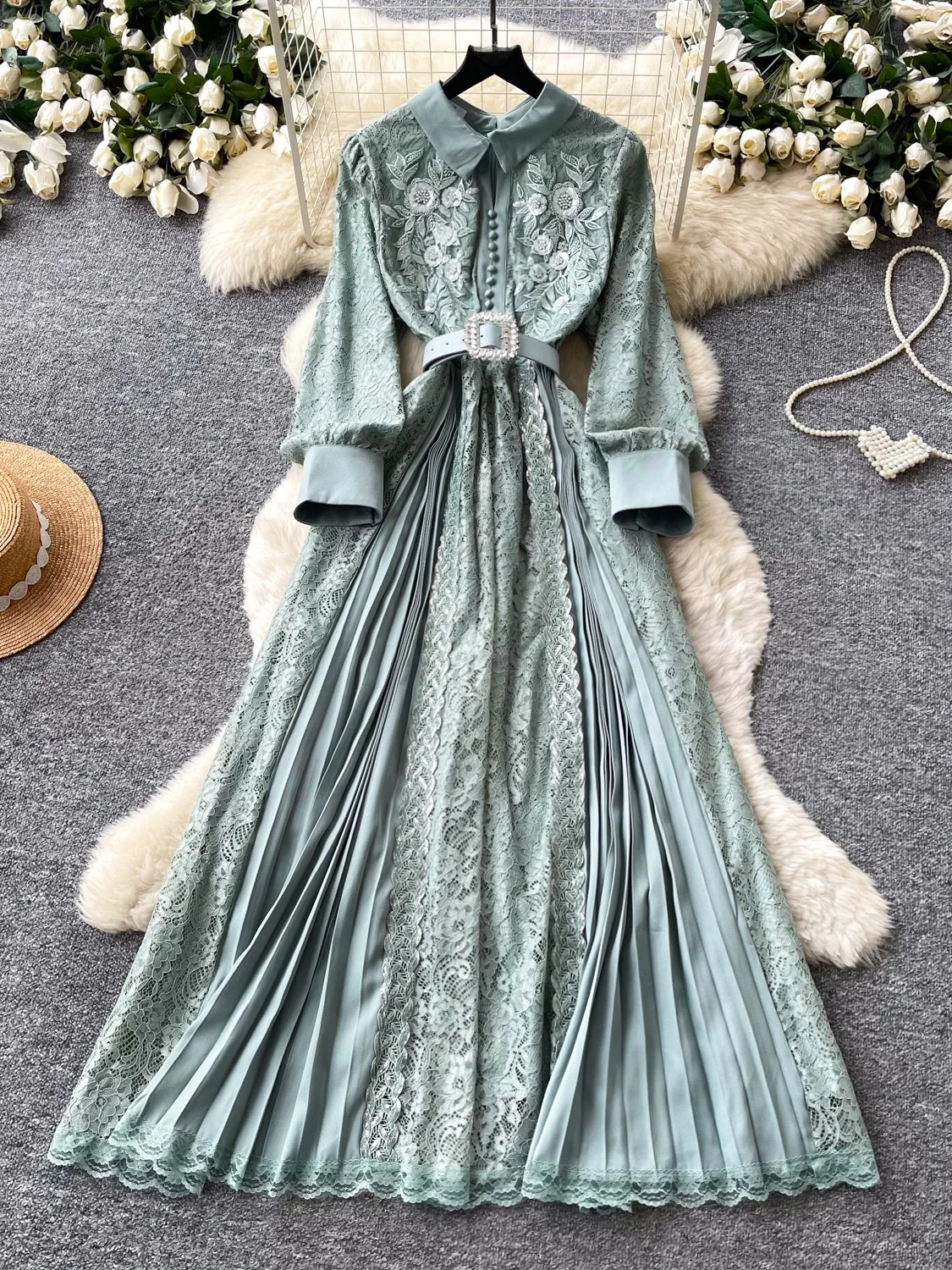 Elegant Lace Long Sleeve Pleated Women's Dress Korean Style Commute A-Line Skirt Polyester Fiber Slim Fit Turn-down Collar
Elegant Lace Long Sleeve Pleated Women's Dress Korean Style Commute A-Line Skirt Polyester Fiber Slim Fit Turn-down Collar