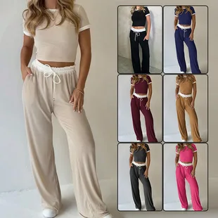 Cross-Border New Spring Summer Short Sleeve Set Casual Wide Leg Pants Color Sports Wear Two-Piece Set Women's Wear
Cross-Border New Spring Summer Short Sleeve Set Casual Wide Leg Pants Color Sports Wear Two-Piece Set Women's Wear