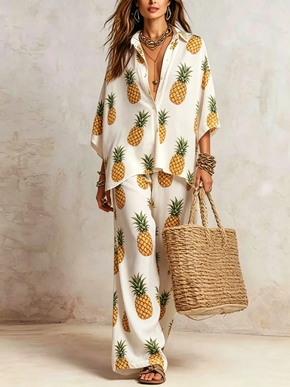 Fashion Fruit Print 2 Piece Set Women Summer Lapel 3/4 Sleeve Shirt Top & Wide Leg Pant Streetwear Casual Loose Trousers Suit
Fashion Fruit Print 2 Piece Set Women Summer Lapel 3/4 Sleeve Shirt Top & Wide Leg Pant Streetwear Casual Loose Trousers Suit