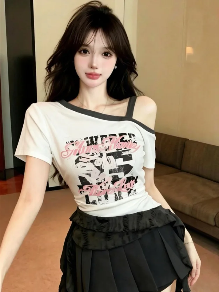 Sexy Letter Print Asymmetrical Hem Short Sleeve Bridesmaid Top Women's Summer Design Sense Strap T-Shirt Korean Style Slim Fit
Sexy Letter Print Asymmetrical Hem Short Sleeve Bridesmaid Top Women's Summer Design Sense Strap T-Shirt Korean Style Slim Fit