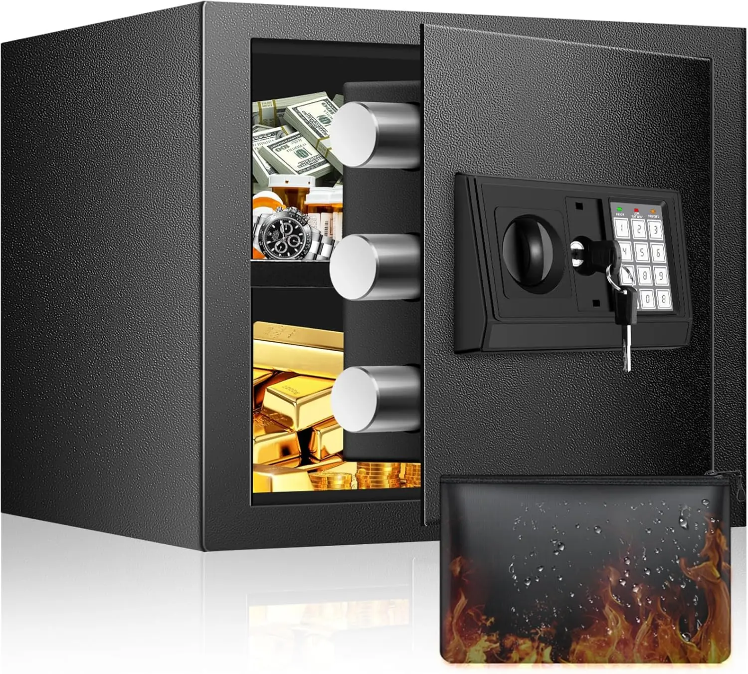 Home Safe Box with Fireproof Waterproof Bag, Anti-Theft Digital Security Lock Box with Smart Alert, Removable Shelf, Mute
Home Safe Box with Fireproof Waterproof Bag, Anti-Theft Digital Security Lock Box with Smart Alert, Removable Shelf, Mute