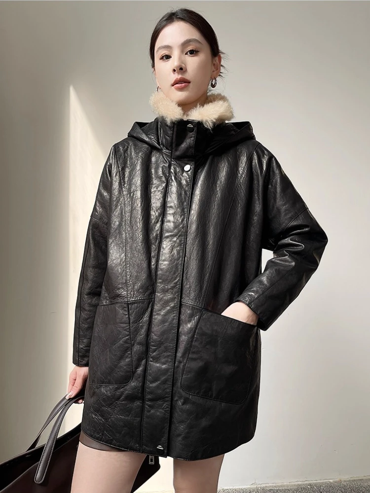 Mid-length Hooded Genuine Leather Goose Down Jackets for Women High-end Simple Natural Wool Collar Black Real Goatskin Down Coat
Mid-length Hooded Genuine Leather Goose Down Jackets for Women High-end Simple Natural Wool Collar Black Real Goatskin Down Coat