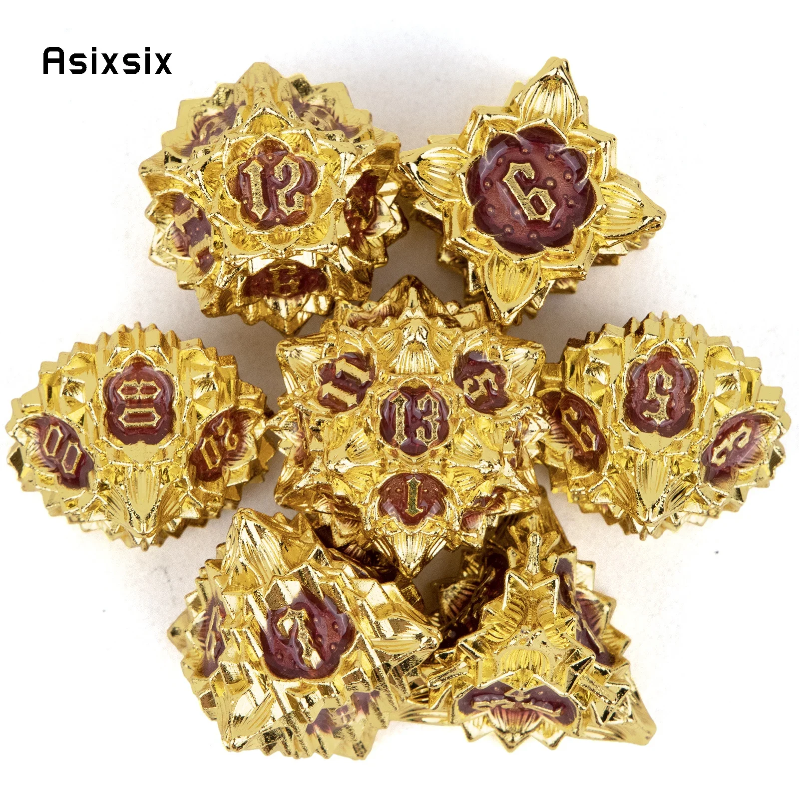 7 Pcs Golden Red Lotus Flower Metal Dice Solid Metal Polyhedral Dice Set Suitable for Role-Playing RPG Board Game Card Game
7 Pcs Golden Red Lotus Flower Metal Dice Solid Metal Polyhedral Dice Set Suitable for Role-Playing RPG Board Game Card Game