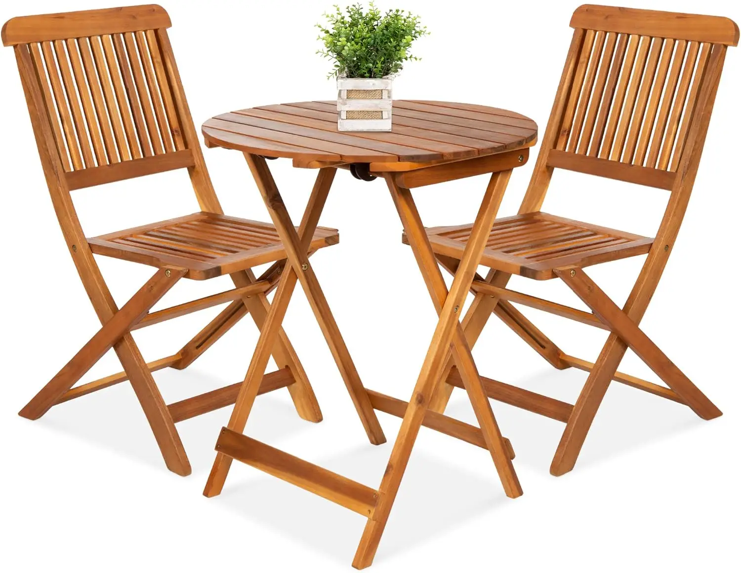 3-Piece Acacia Wood Bistro Set, Folding Patio Furniture for Backyard, Balcony, Deck w/ 2 Chairs, Round Coffee Table, Teak Finish
3-Piece Acacia Wood Bistro Set, Folding Patio Furniture for Backyard, Balcony, Deck w/ 2 Chairs, Round Coffee Table, Teak Finish