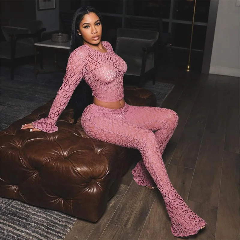 Women Sexy Hollow Out 2 Piece Set Solid See Through Flare Long Sleeve Crop Tops High Waist Boot Cut Pants Clubwear Outfits Suit
Women Sexy Hollow Out 2 Piece Set Solid See Through Flare Long Sleeve Crop Tops High Waist Boot Cut Pants Clubwear Outfits Suit