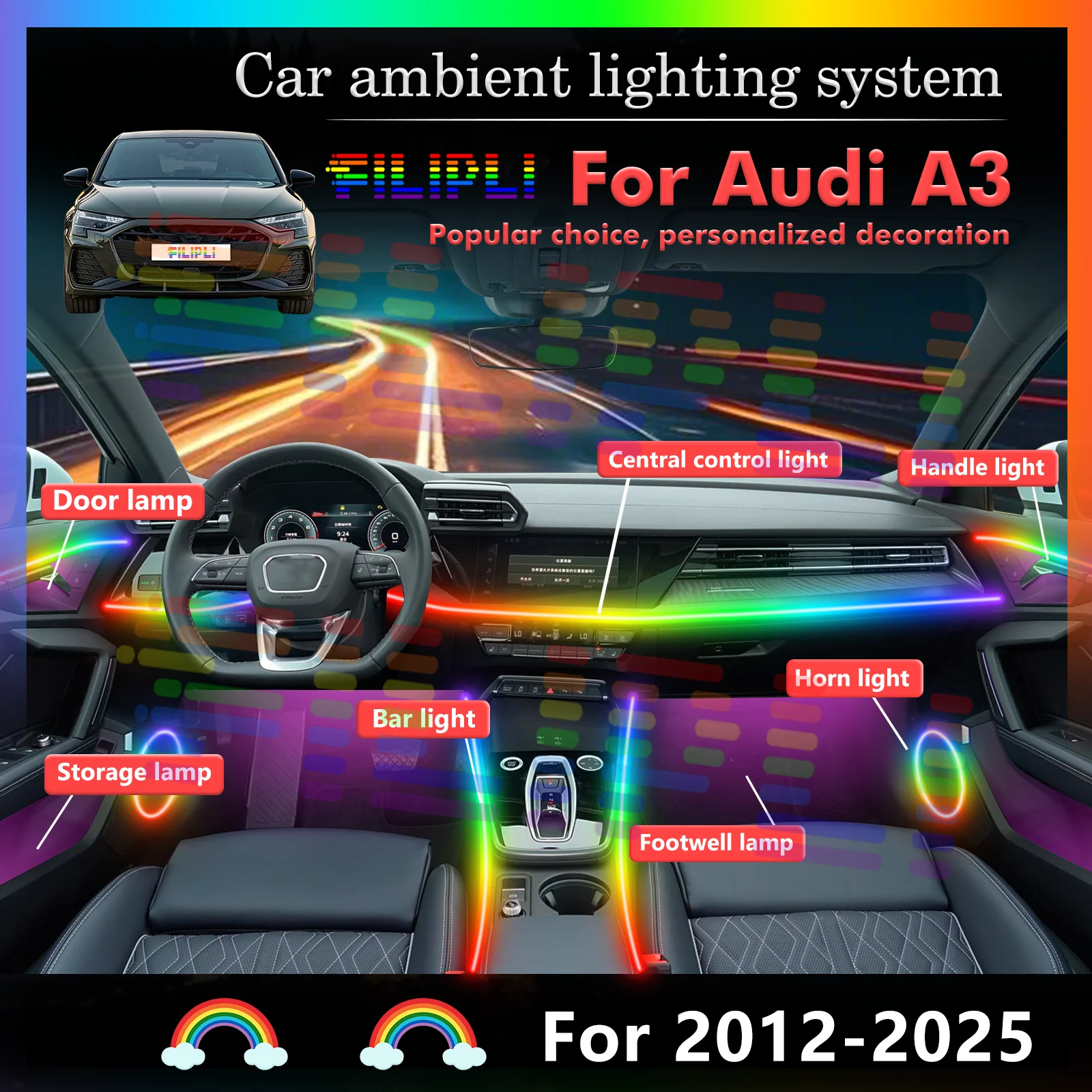 Для Audi A3 интерьер автомобиля светодиодный декоративный светильник, многоцветная лампа с интеллектуальным управлением
Для Audi A3 интерьер автомобиля светодиодный декоративный светильник, многоцветная лампа с интеллектуальным управлением