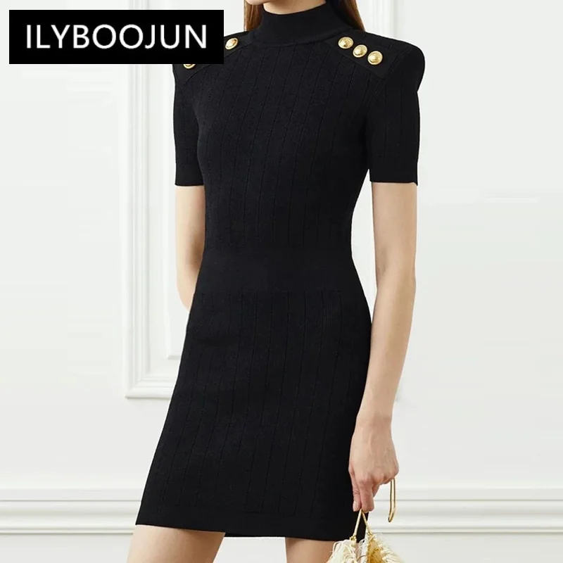 Black And White High-quality Half High Neck Shoulder Button Short Sleeved Slim Fit Elastic Knitted Fabric Short Women's Dress
Black And White High-quality Half High Neck Shoulder Button Short Sleeved Slim Fit Elastic Knitted Fabric Short Women's Dress