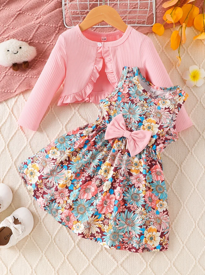 Girls' Spring and Autumn Outfit: Colorful Floral Dress with Large Bow + Pink Ruffled Knitted Cardigan, Princess-Style Two-Piece
Girls' Spring and Autumn Outfit: Colorful Floral Dress with Large Bow + Pink Ruffled Knitted Cardigan, Princess-Style Two-Piece