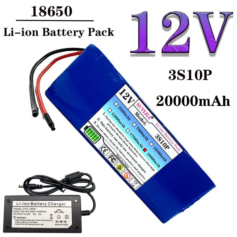 Rechargeable Battery 12V 3S10P 20Ah 18650 Portable Li-ion Battery DC 12V 20000mAh with BMS Battery + 3A Charger
Rechargeable Battery 12V 3S10P 20Ah 18650 Portable Li-ion Battery DC 12V 20000mAh with BMS Battery + 3A Charger
