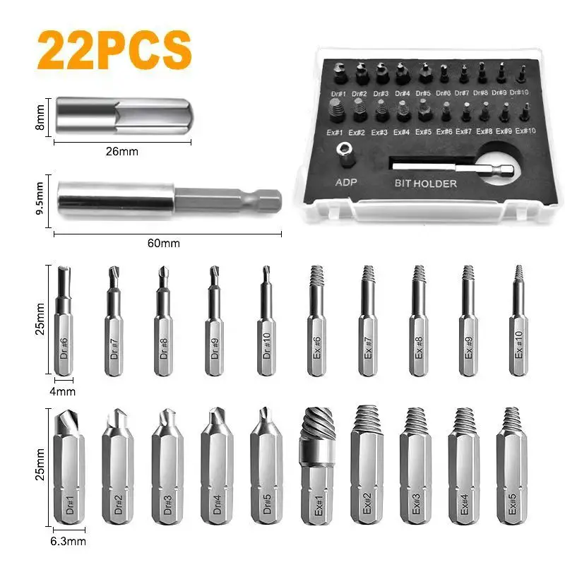 22Pcs Imperial Mini Screw Extractor Set DR-1~DR-10 HSS Broken Stripped Screw Bolt Remover Removal Tool Kit
22Pcs Imperial Mini Screw Extractor Set DR-1~DR-10 HSS Broken Stripped Screw Bolt Remover Removal Tool Kit
