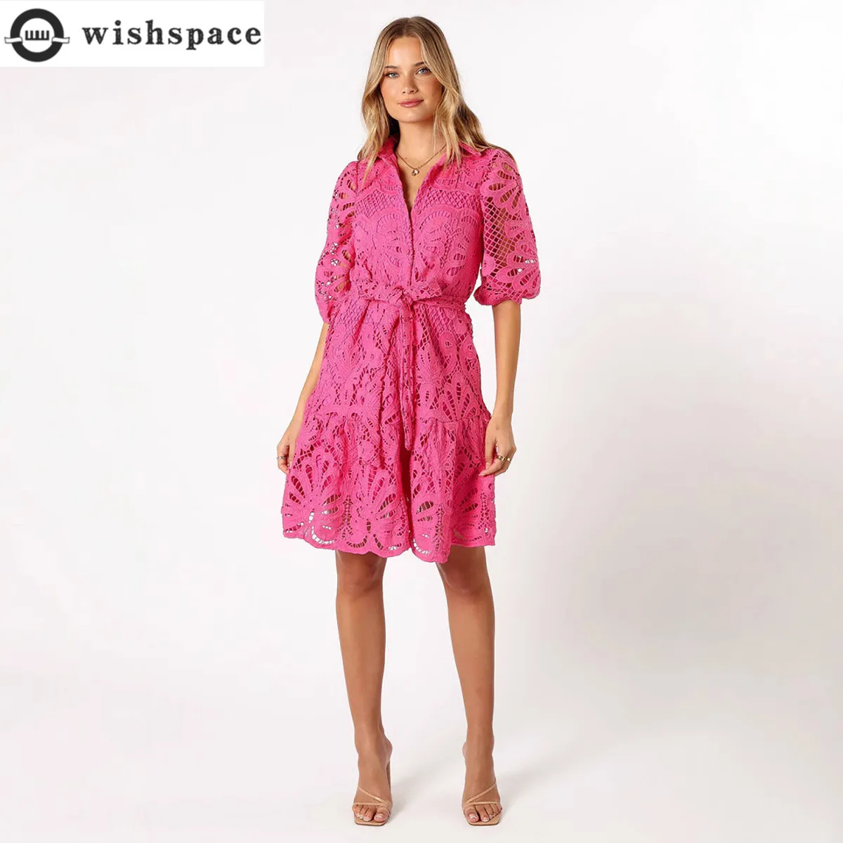 New Shirt Short Skirt European and American Sexy Hollow Lace Flower Sleeve Commuting Button Dress
New Shirt Short Skirt European and American Sexy Hollow Lace Flower Sleeve Commuting Button Dress