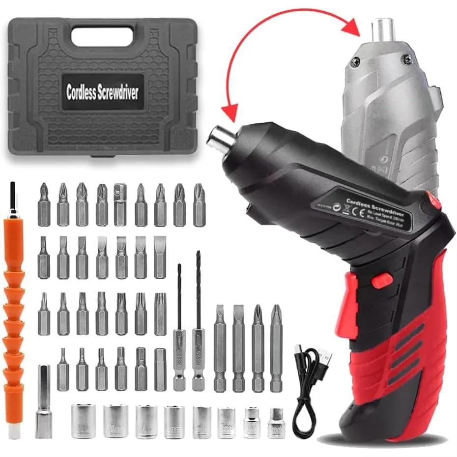 Cordless Power Screwdriver Kit with 46pcs Bits, Rechargeable Battery, Pivoting Handle and LED Lights for Easy DIY Projects
Cordless Power Screwdriver Kit with 46pcs Bits, Rechargeable Battery, Pivoting Handle and LED Lights for Easy DIY Projects