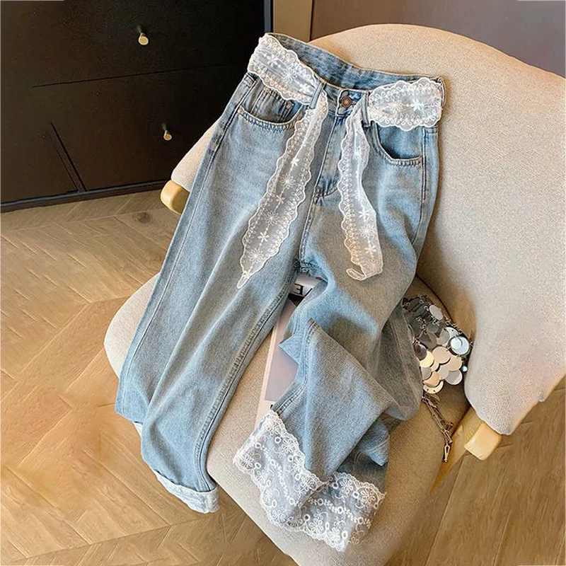 Women's Lace Splicing Straight Jeans Sutumn New High Waist Loose Wide Leg Pants Korean Versatile Blue Denim Trousers
Women's Lace Splicing Straight Jeans Sutumn New High Waist Loose Wide Leg Pants Korean Versatile Blue Denim Trousers