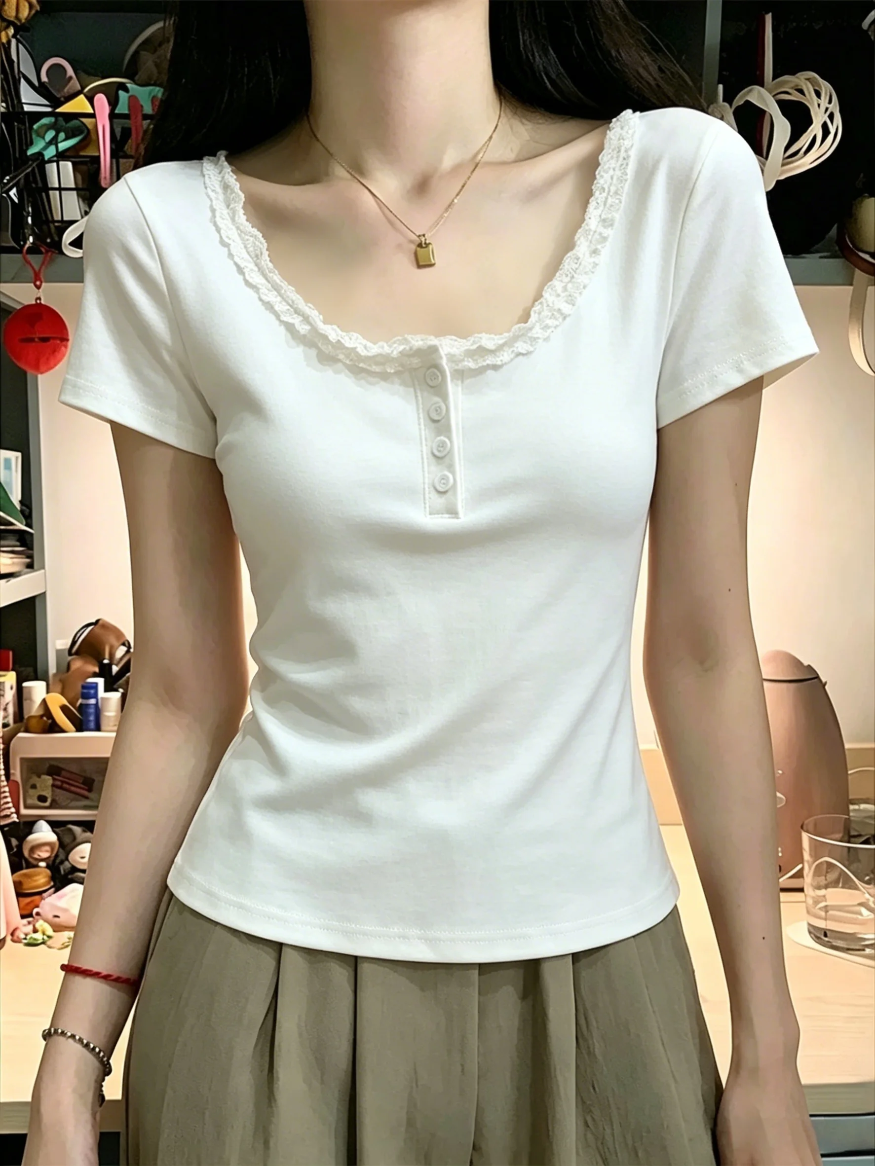 Summer New Style Women's Slim Fit Short Sleeve T-Shirt 95 Cotton Lace Button White Shoulder Appropriate Hot Girl Top
Summer New Style Women's Slim Fit Short Sleeve T-Shirt 95 Cotton Lace Button White Shoulder Appropriate Hot Girl Top