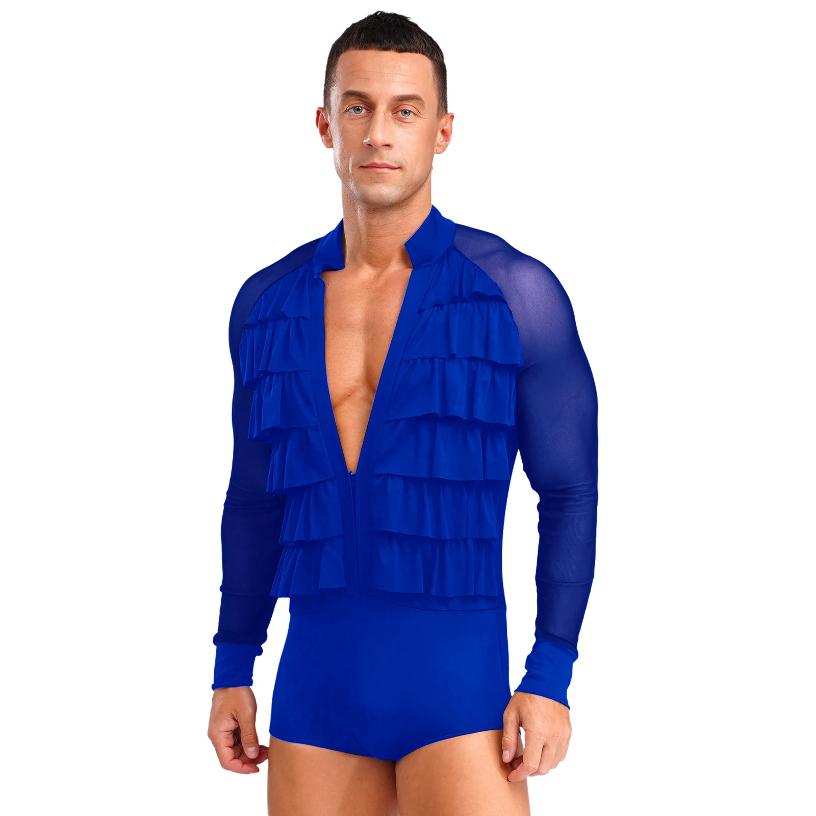 Men Latin Dance Bodysuit Shirt Tops Deep V-neck Long Sleeves Sheer Mesh Patchwork Tiered Ruffles Leotard Tango Performance
Men Latin Dance Bodysuit Shirt Tops Deep V-neck Long Sleeves Sheer Mesh Patchwork Tiered Ruffles Leotard Tango Performance