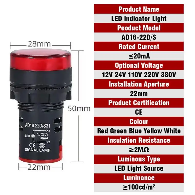 New Indicator Signal Lamp Light AD16-22DS 22mm Panel Mount DC 12V 24V 110V 220V 380V Red Green Yellow Blue White LED Bulbs 20mA
New Indicator Signal Lamp Light AD16-22DS 22mm Panel Mount DC 12V 24V 110V 220V 380V Red Green Yellow Blue White LED Bulbs 20mA