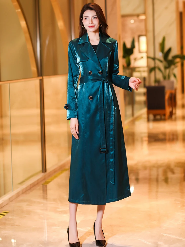 New Fashion X-Long Trench Coat Women Spring Autumn Glossy Double Breasted Blue Windbreaker Slim Belt Casual Outwear 2025
New Fashion X-Long Trench Coat Women Spring Autumn Glossy Double Breasted Blue Windbreaker Slim Belt Casual Outwear 2025