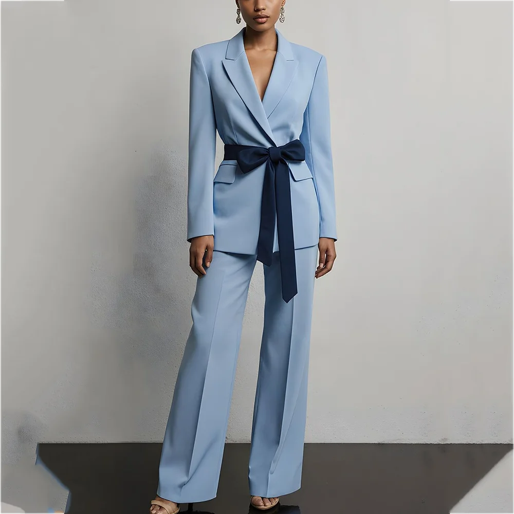 Изысканный женский костюм с поясом-бантом, прямая модная куртка с пиковыми лацканами, брюки, повседневный офисный элегантный повседневный женский наряд 
Изысканный женский костюм с поясом-бантом, прямая модная куртка с пиковыми лацканами, брюки, повседневный офисный элегантный повседневный женский наряд
