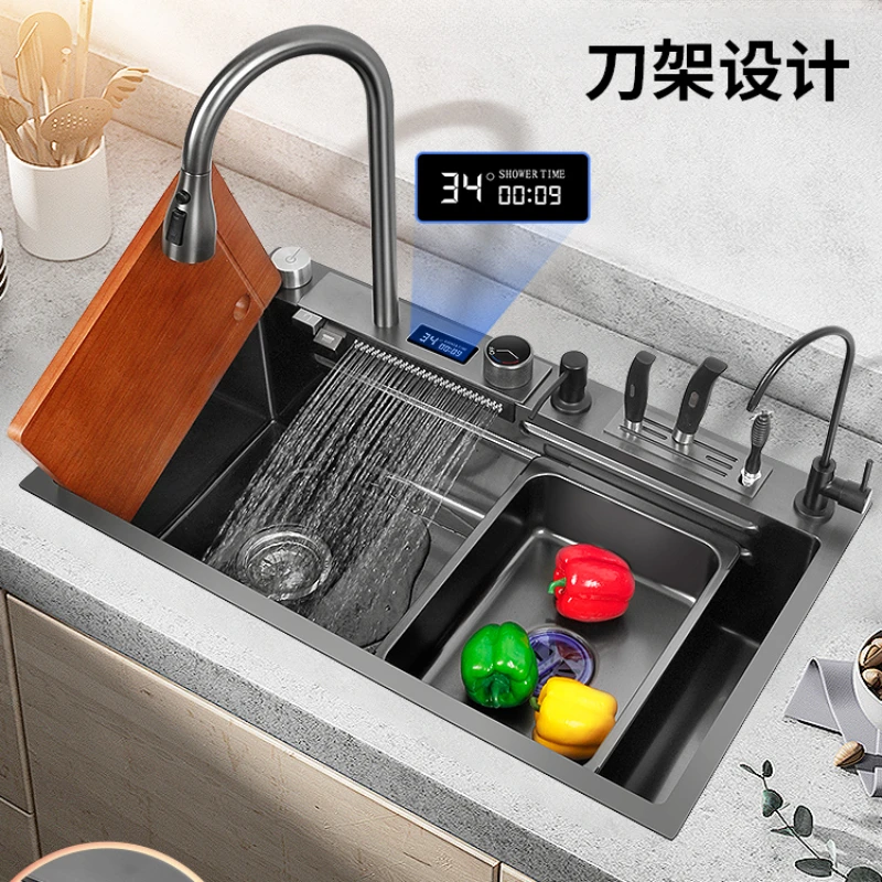 304 stainless steel waterfall sink, digital display, left side of sink, large single sink for washing vegetables
304 stainless steel waterfall sink, digital display, left side of sink, large single sink for washing vegetables