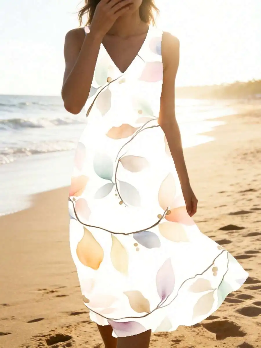 V Neck Sleeveless Midi Dress White Floral Leaf Print Beach Summer Outfit
V Neck Sleeveless Midi Dress White Floral Leaf Print Beach Summer Outfit
