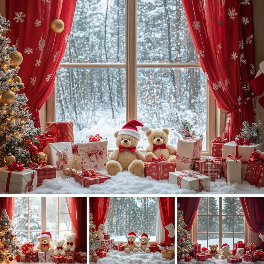 Cozy Indoor Christmas Backdrop Snowy Window Red Curtain Teddy Bears Gift Pine Tree Fabric Newborn Family Photo Shoot Background
Cozy Indoor Christmas Backdrop Snowy Window Red Curtain Teddy Bears Gift Pine Tree Fabric Newborn Family Photo Shoot Background