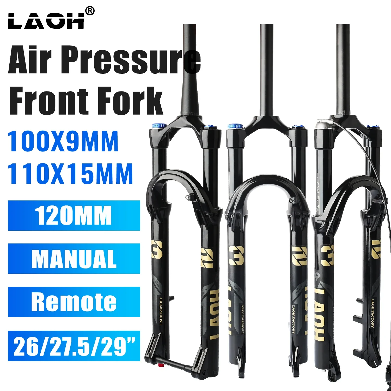 LAOH Mountain Bike Suspension Fork 26/27.5/29 Inch 120mm Travel Thread-Less 28.6mm Steerer 9mm QR 100mm Spacing for Bike
LAOH Mountain Bike Suspension Fork 26/27.5/29 Inch 120mm Travel Thread-Less 28.6mm Steerer 9mm QR 100mm Spacing for Bike