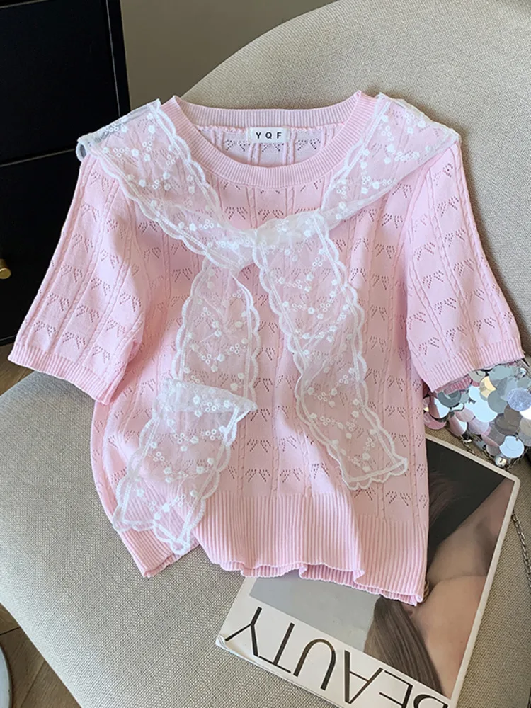Korean Style Lace Shoulder Short Sleeve Ice Silk Knitted Women's T-shirts Summer 2025 New Gentle Round Neck Knitwear Tops Tees
Korean Style Lace Shoulder Short Sleeve Ice Silk Knitted Women's T-shirts Summer 2025 New Gentle Round Neck Knitwear Tops Tees