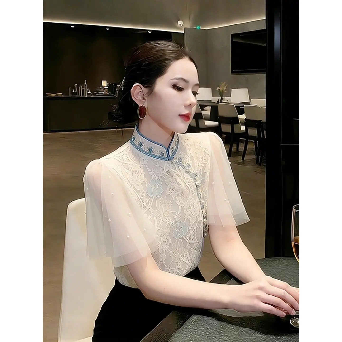 Woman Lace Embroidered Chiffon T-shirt 2026 Female Summer Beading Short Sleeve T-shirt Ladies Elegant Cheongsam Top Shirt
Woman Lace Embroidered Chiffon T-shirt 2026 Female Summer Beading Short Sleeve T-shirt Ladies Elegant Cheongsam Top Shirt