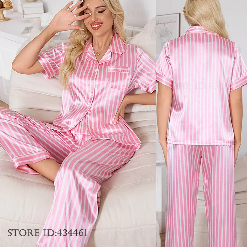 Women 2PCS Pajamas Set Sleepwear Pink Stripe Short Sleeve Trouser Suit Home Clothes Spring Summer New Satin Nightwear Loungewear
Women 2PCS Pajamas Set Sleepwear Pink Stripe Short Sleeve Trouser Suit Home Clothes Spring Summer New Satin Nightwear Loungewear